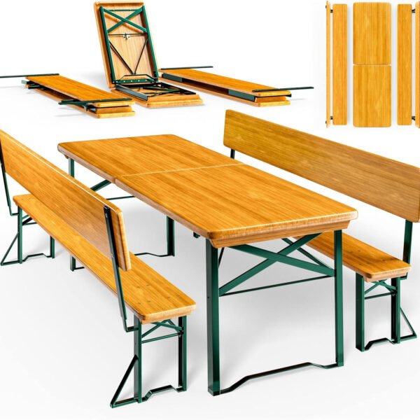 Casaria Bierzeltgarnitur 170 cm mit Lehne, 3-teilig aus Holz & Stahl, klappbar, Braun, Tisch mit 2 Bierbänken