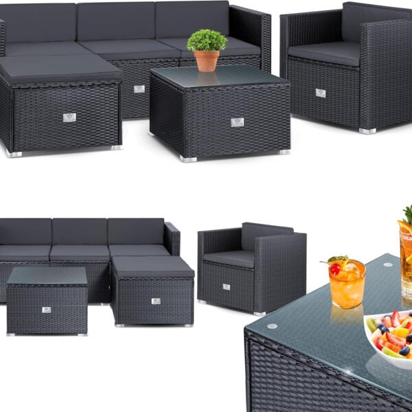 KESSER Polyrattan Lounge Aruba Anthrazit für 4 – 5 Personen – Gartenmöbel Set mit Sofa, Sessel, Hocker & Tisch