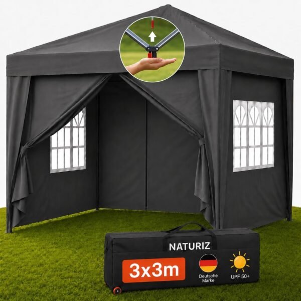 NATURIZ® Pavillon 3x3 Wasserdicht Stabil und UV 50+ Schutz - Faltpavillon mit Seitenwänden - Pop Up Zelt für Garten, Camping, Marktstand &